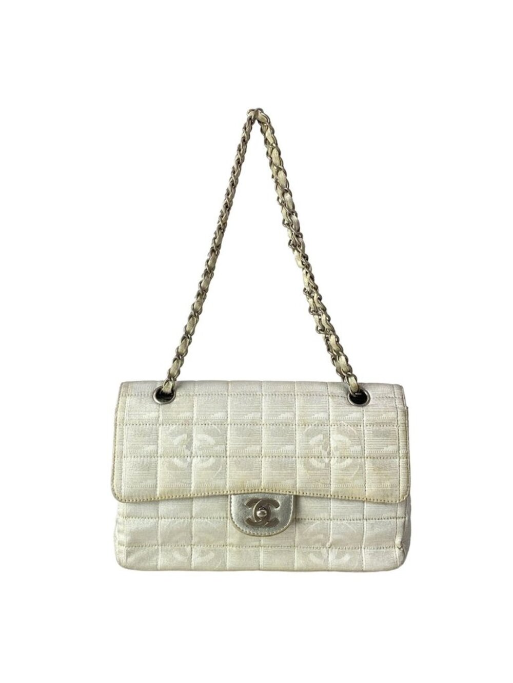 Chanel Shoulder Bag New Travel Line Choco Bar Silver White Chain Leather